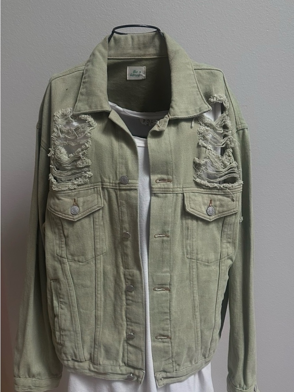 Women's Distressed Olive Green Denim Jacket